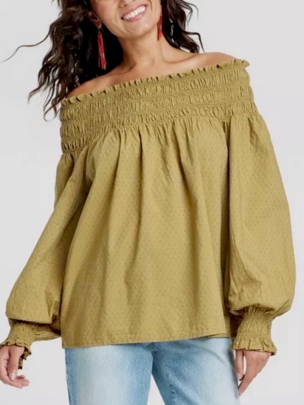 NWT Universal Thread Tribecca Peasant Blouse Chartreuse Olive Green Long Sleeve
